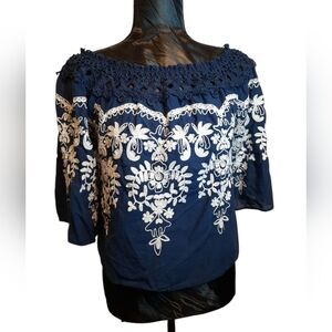Flying Tomato Dark Blue Blouse with White Embroidery Small